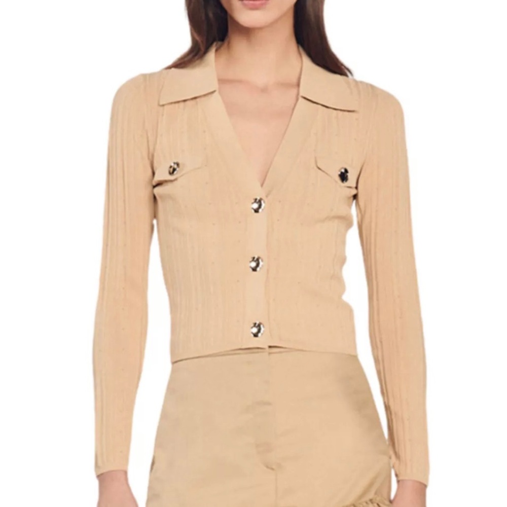 SANDRO V Neck Spread Collar Ribbed Cardigan - NEW XS